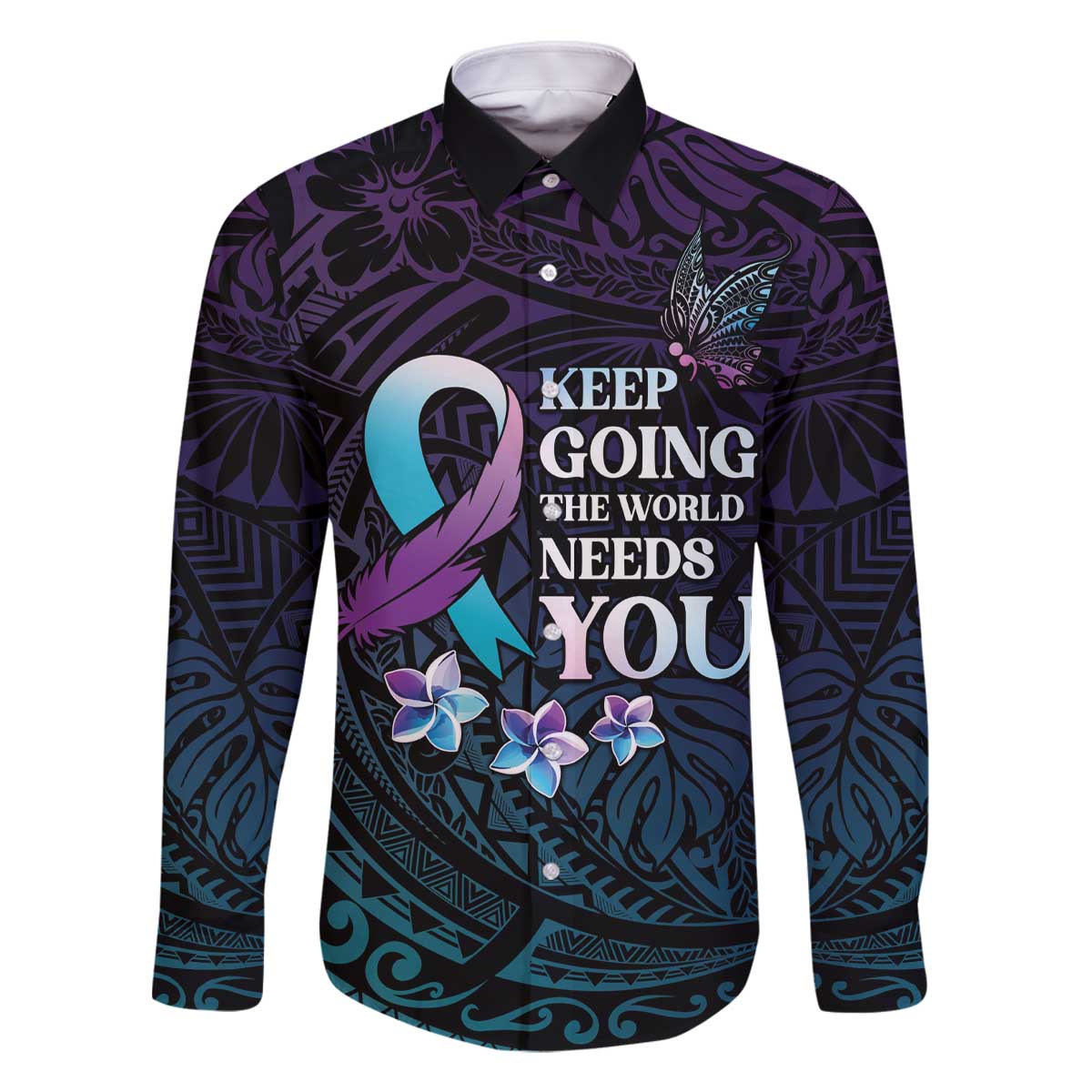 Polynesia Suicide Prevention Awareness Family Matching Off Shoulder Short Dress and Hawaiian Shirt Keep Going The World Needs You