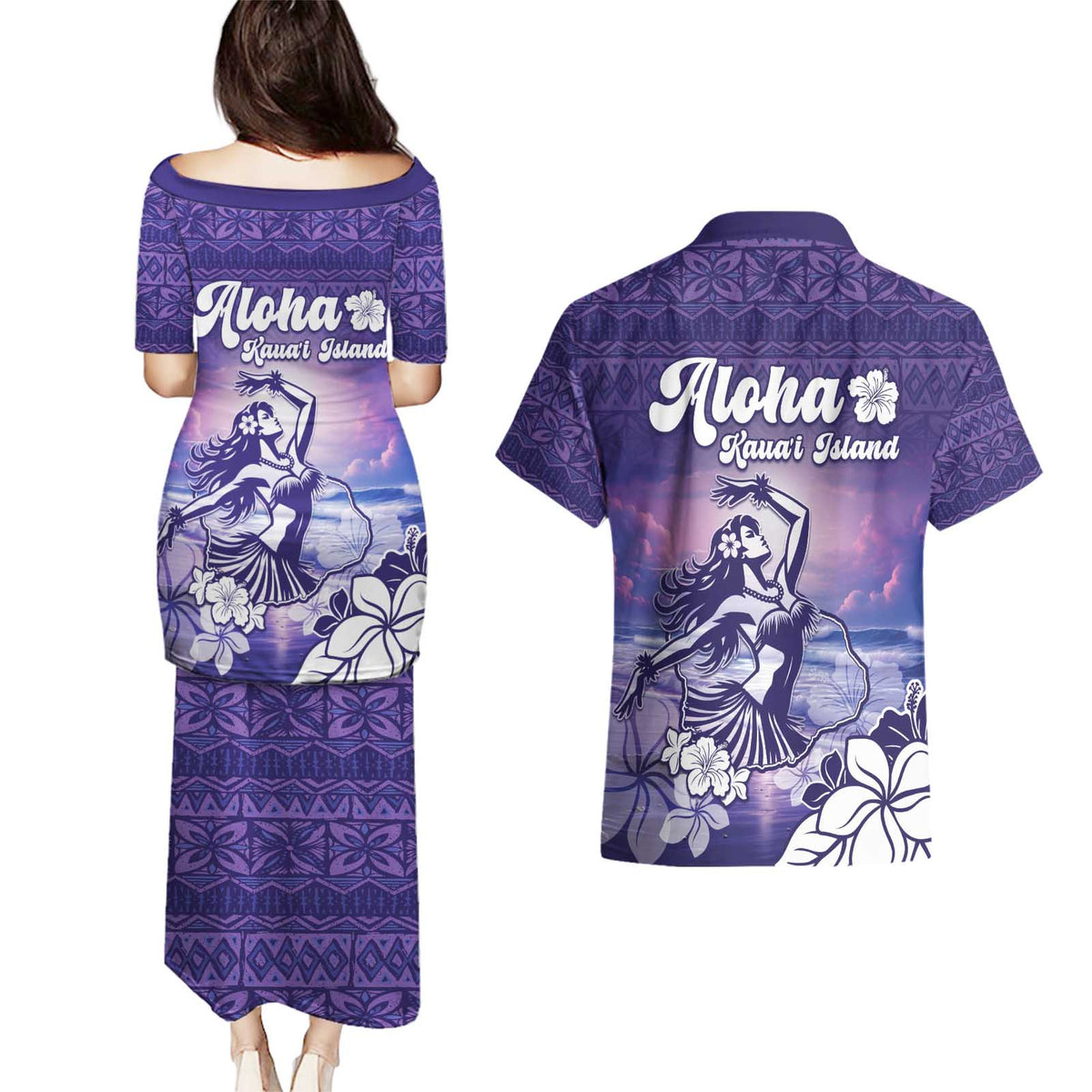 Aloha Hawaii Kauai Island Couples Matching Puletasi and Hawaiian Shirt Hula Till You Drop