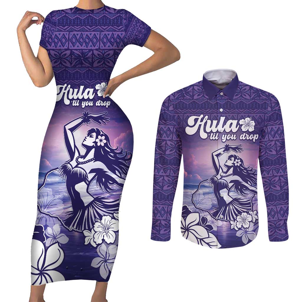 Aloha Hawaii Kauai Island Couples Matching Short Sleeve Bodycon Dress and Long Sleeve Button Shirt Hula Till You Drop