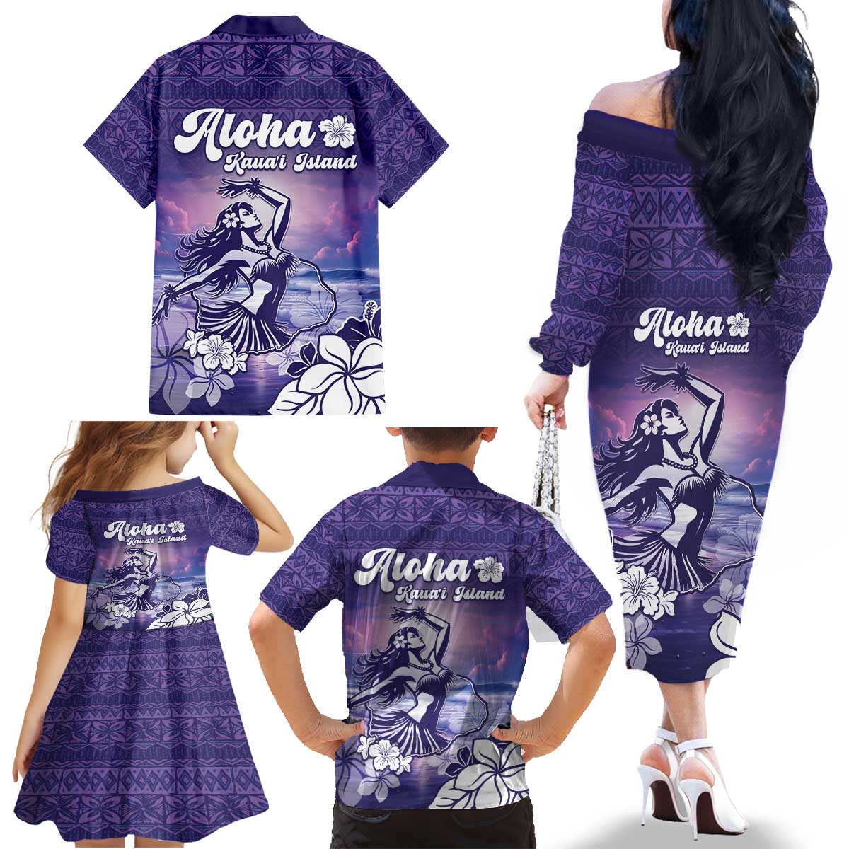 Aloha Hawaii Kauai Island Family Matching Off The Shoulder Long Sleeve Dress and Hawaiian Shirt Hula Till You Drop LT05 - Polynesian Pride