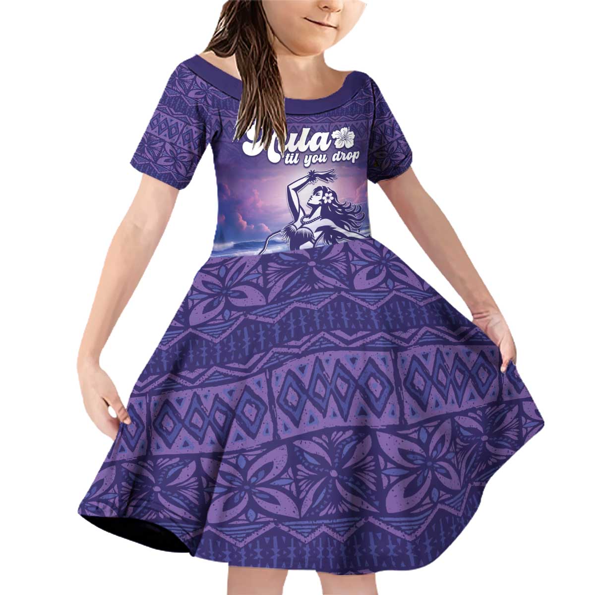 Aloha Hawaii Kauai Island Family Matching Off Shoulder Short Dress and Hawaiian Shirt Hula Till You Drop LT05 Daughter's Dress Purple - Polynesian Pride
