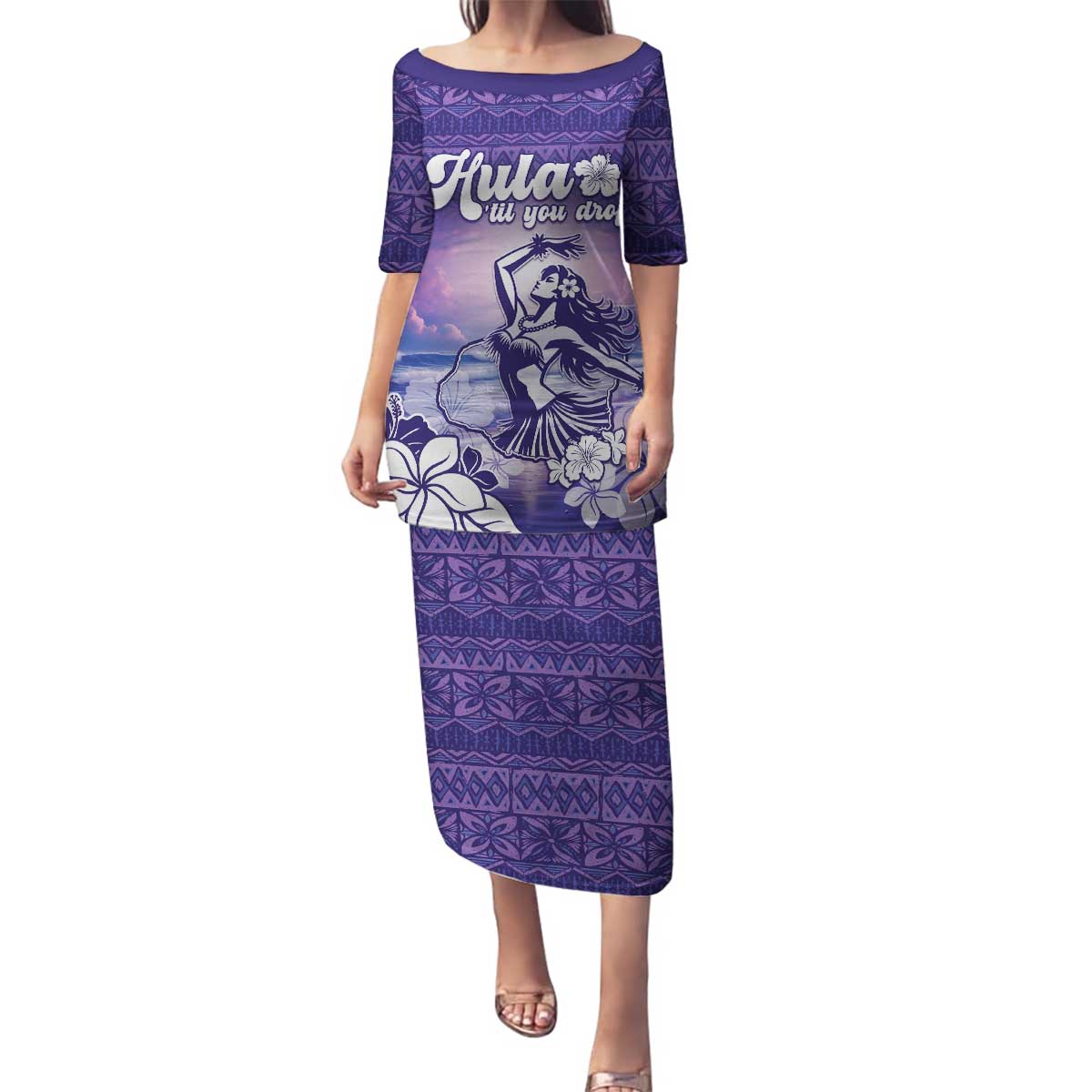 Aloha Hawaii Kauai Island Family Matching Puletasi and Hawaiian Shirt Hula Till You Drop LT05 Mom's Dress Purple - Polynesian Pride