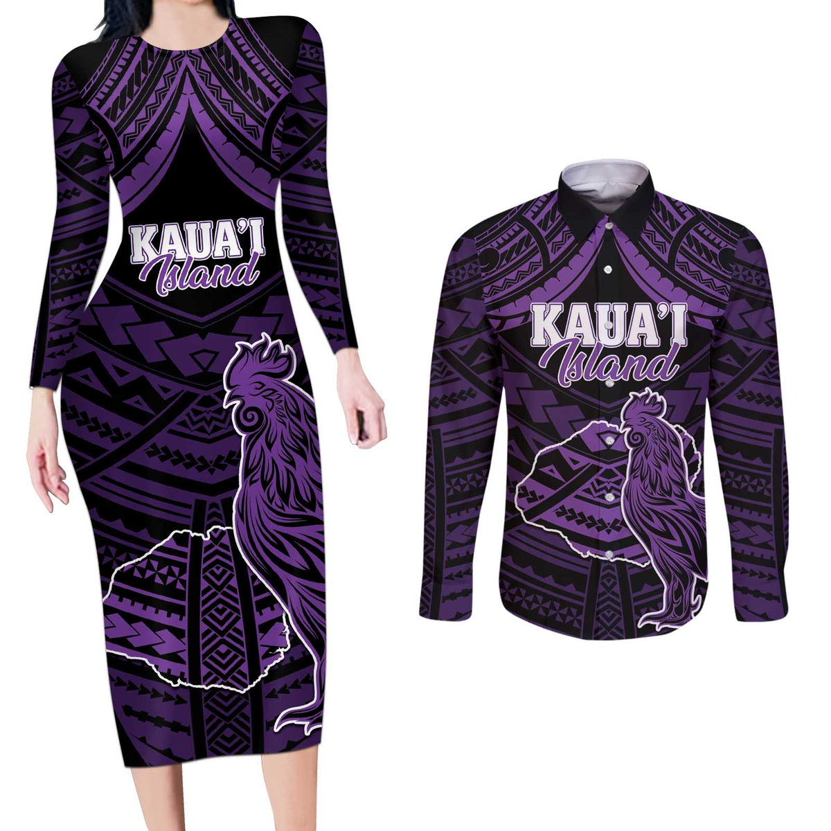 Personalised Hawaii Kauai Island Couples Matching Long Sleeve Bodycon Dress and Long Sleeve Button Shirt Rooster Tribal Tattoo Simple Style