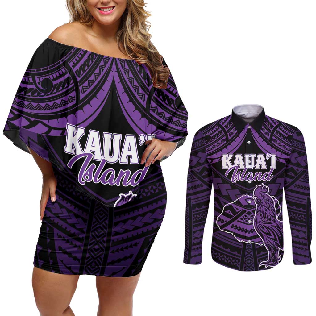 Personalised Hawaii Kauai Island Couples Matching Off Shoulder Short Dress and Long Sleeve Button Shirt Rooster Tribal Tattoo Simple Style