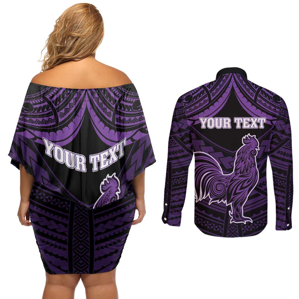 Personalised Hawaii Kauai Island Couples Matching Off Shoulder Short Dress and Long Sleeve Button Shirt Rooster Tribal Tattoo Simple Style