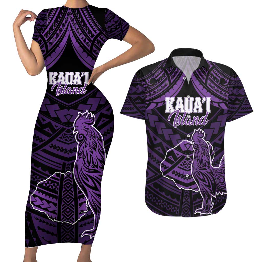 Personalised Hawaii Kauai Island Couples Matching Short Sleeve Bodycon Dress and Hawaiian Shirt Rooster Tribal Tattoo Simple Style LT05 Purple - Polynesian Pride