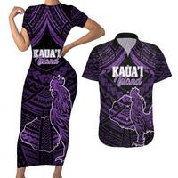 Personalised Hawaii Kauai Island Couples Matching Short Sleeve Bodycon Dress and Hawaiian Shirt Rooster Tribal Tattoo Simple Style LT05 Purple - Polynesian Pride