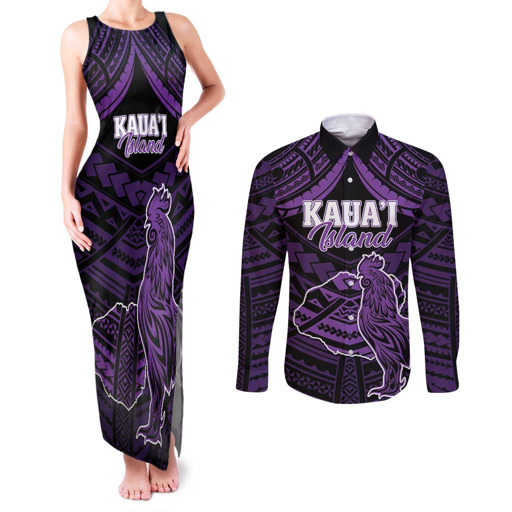 Personalised Hawaii Kauai Island Couples Matching Tank Maxi Dress and Long Sleeve Button Shirt Rooster Tribal Tattoo Simple Style