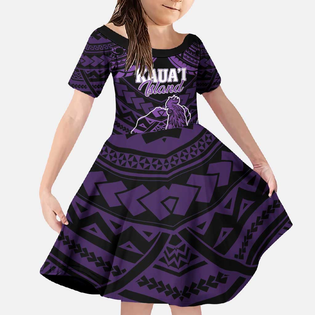 Personalised Hawaii Kauai Island Family Matching Long Sleeve Bodycon Dress and Hawaiian Shirt Rooster Tribal Tattoo Simple Style LT05 Daughter's Dress Purple - Polynesian Pride