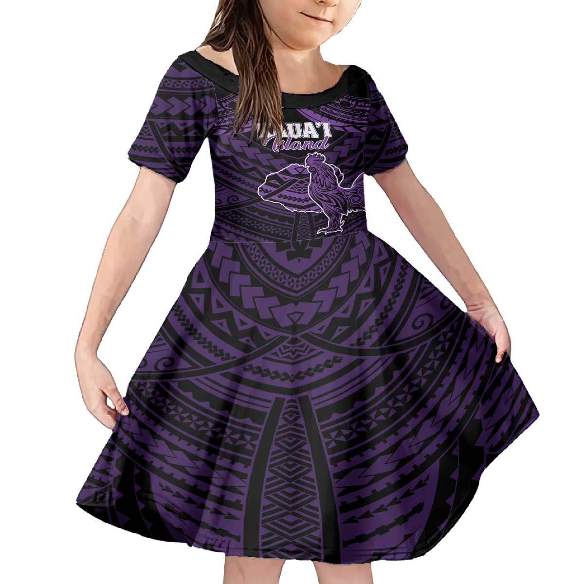 Personalised Hawaii Kauai Island Family Matching Off The Shoulder Long Sleeve Dress and Hawaiian Shirt Rooster Tribal Tattoo Simple Style LT05 Daughter's Dress Purple - Polynesian Pride