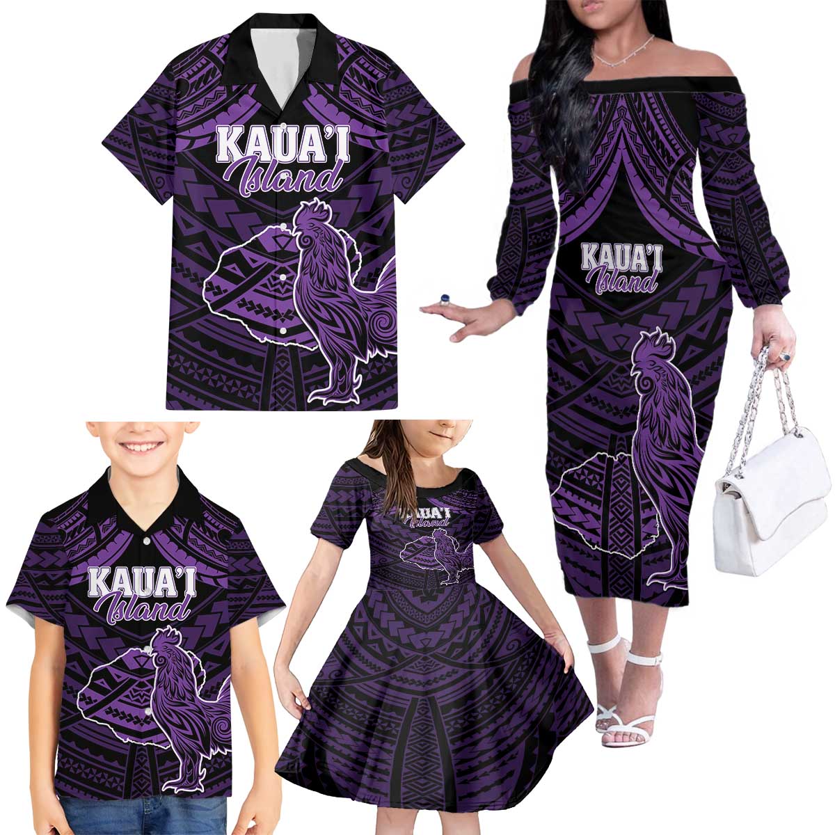 Personalised Hawaii Kauai Island Family Matching Off The Shoulder Long Sleeve Dress and Hawaiian Shirt Rooster Tribal Tattoo Simple Style LT05 - Polynesian Pride