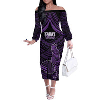 Personalised Hawaii Kauai Island Family Matching Off The Shoulder Long Sleeve Dress and Hawaiian Shirt Rooster Tribal Tattoo Simple Style LT05 Mom's Dress Purple - Polynesian Pride