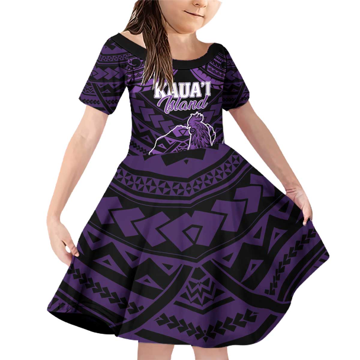 Personalised Hawaii Kauai Island Family Matching Off Shoulder Short Dress and Hawaiian Shirt Rooster Tribal Tattoo Simple Style LT05 Daughter's Dress Purple - Polynesian Pride