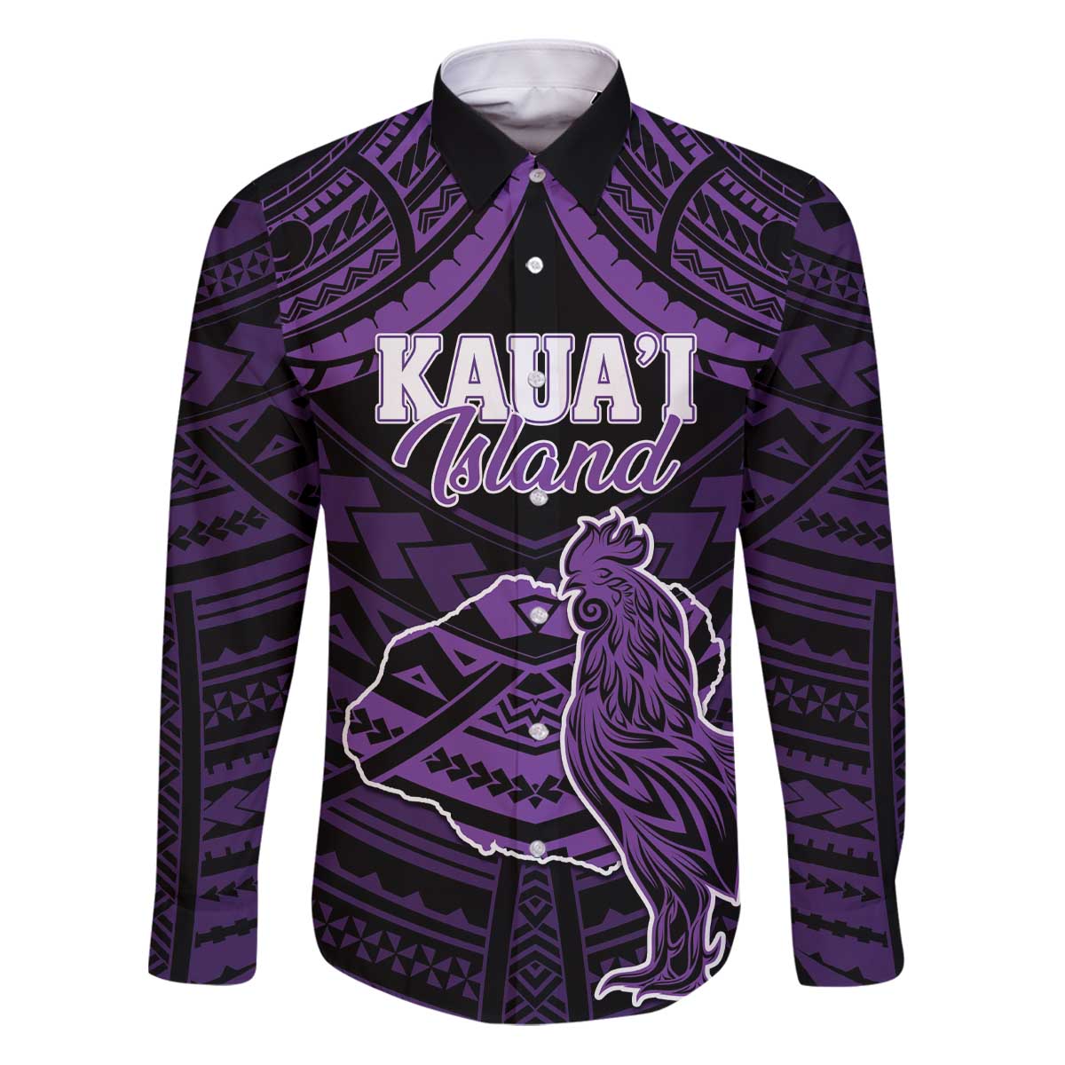 Personalised Hawaii Kauai Island Family Matching Puletasi and Hawaiian Shirt Rooster Tribal Tattoo Simple Style LT05 Dad's Shirt - Long Sleeve Purple - Polynesian Pride