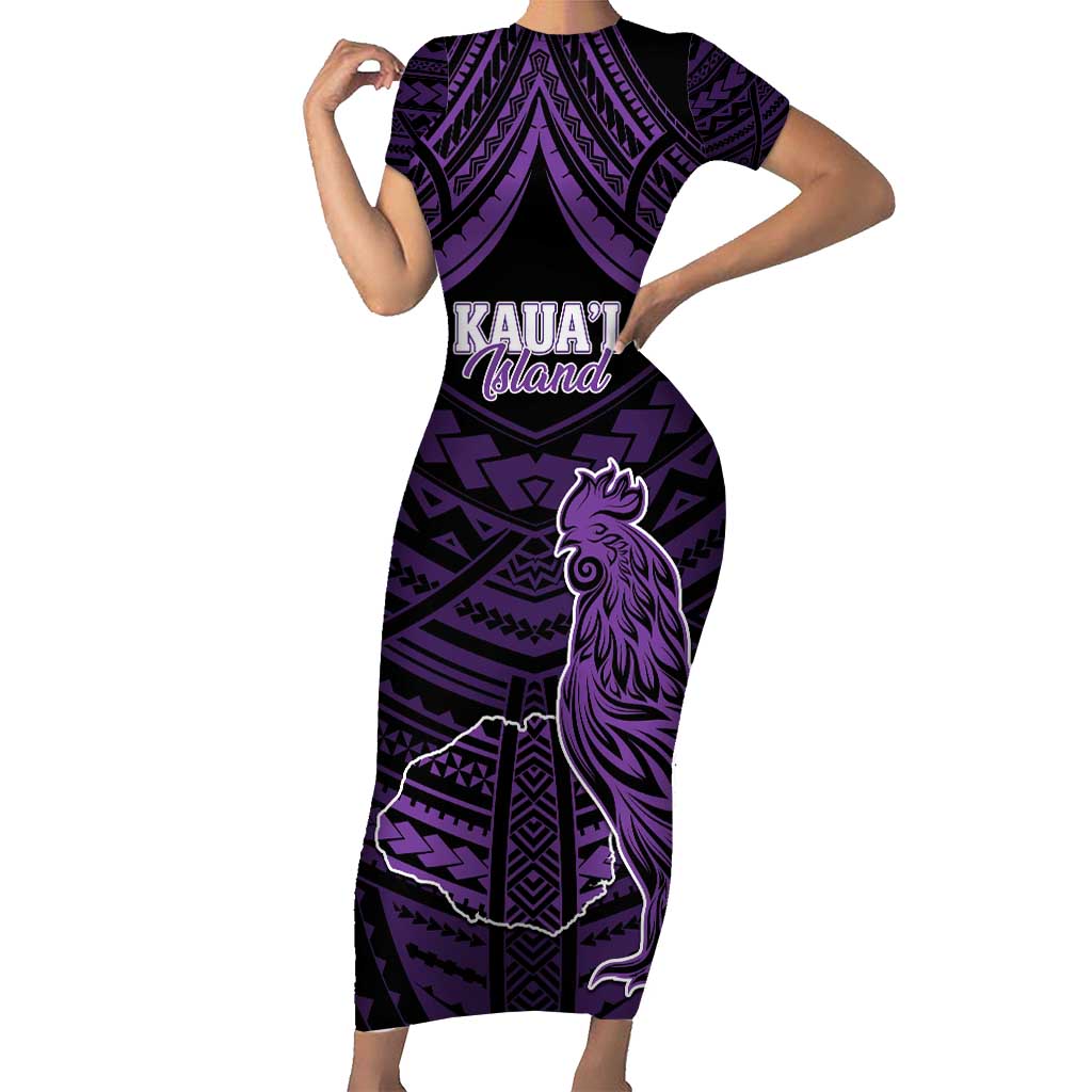 Personalised Hawaii Kauai Island Family Matching Short Sleeve Bodycon Dress and Hawaiian Shirt Rooster Tribal Tattoo Simple Style LT05 Mom's Dress Purple - Polynesian Pride