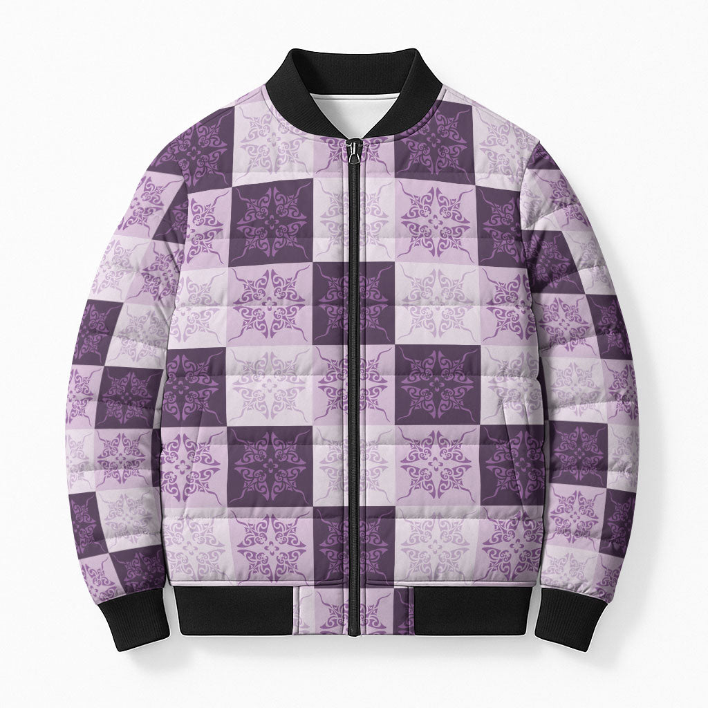 Lavender Manta Ray Hawaiian Quilt Motif Bomber Puffer Jacket