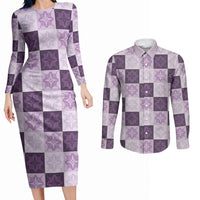 Lavender Manta Ray Hawaiian Quilt Motif Couples Matching Long Sleeve Bodycon Dress and Long Sleeve Button Shirt