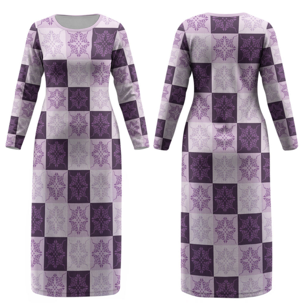 Lavender Manta Ray Hawaiian Quilt Motif Couples Matching Long Sleeve Bodycon Dress and Long Sleeve Button Shirt