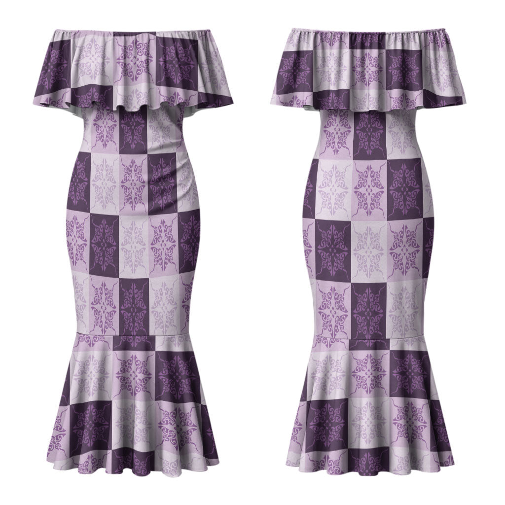Lavender Manta Ray Hawaiian Quilt Motif Couples Matching Mermaid Dress and Hawaiian Shirt