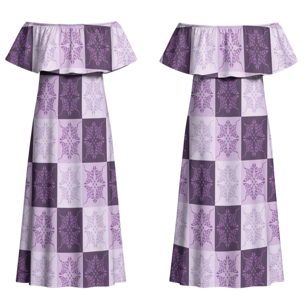 Lavender Manta Ray Hawaiian Quilt Motif Couples Matching Off Shoulder Maxi Dress and Hawaiian Shirt