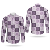 Lavender Manta Ray Hawaiian Quilt Motif Couples Matching Off The Shoulder Long Sleeve Dress and Long Sleeve Button Shirt