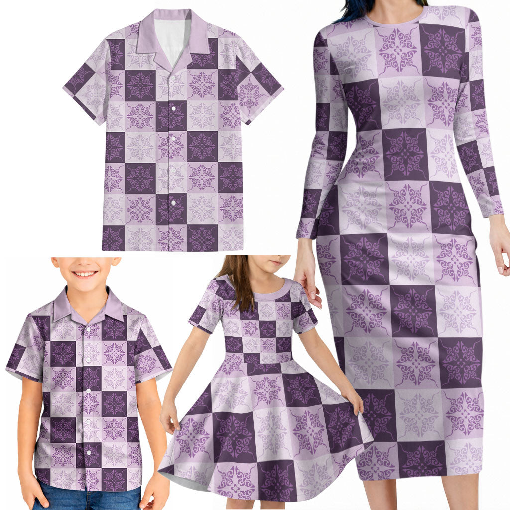 Lavender Manta Ray Hawaiian Quilt Motif Family Matching Long Sleeve Bodycon Dress and Hawaiian Shirt LT05 - Polynesian Pride