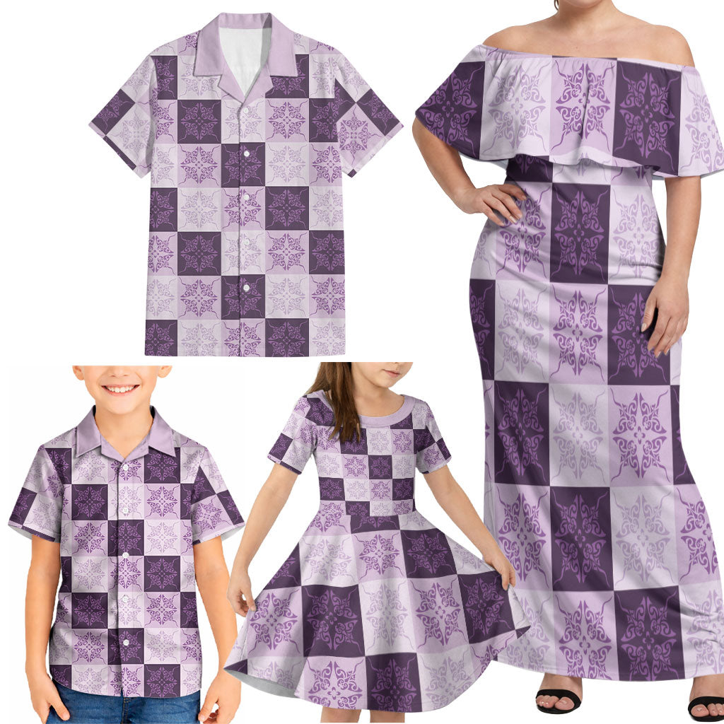 Lavender Manta Ray Hawaiian Quilt Motif Family Matching Off Shoulder Maxi Dress and Hawaiian Shirt