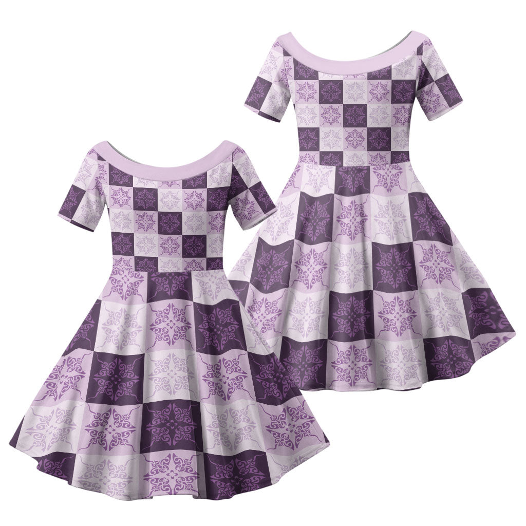 Lavender Manta Ray Hawaiian Quilt Motif Family Matching Off Shoulder Maxi Dress and Hawaiian Shirt