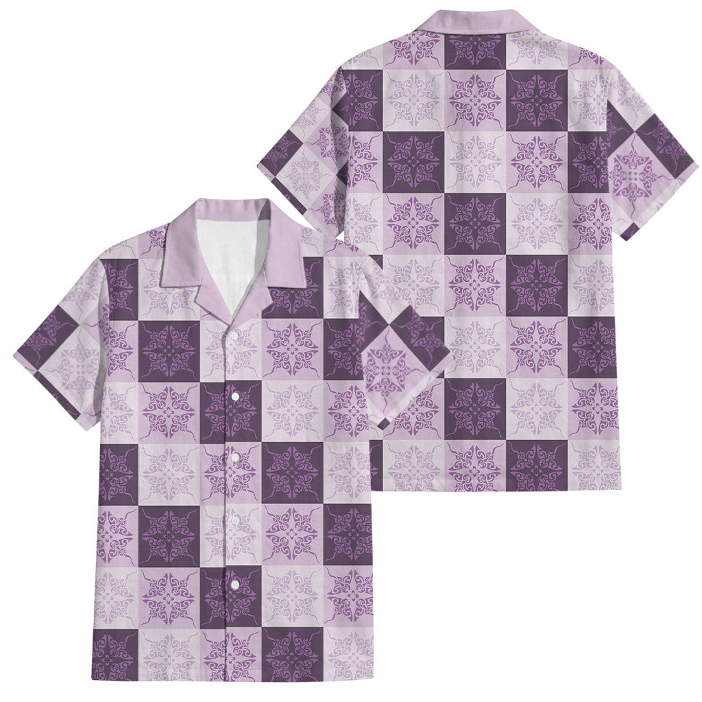 Lavender Manta Ray Hawaiian Quilt Motif Family Matching Off Shoulder Short Dress and Hawaiian Shirt