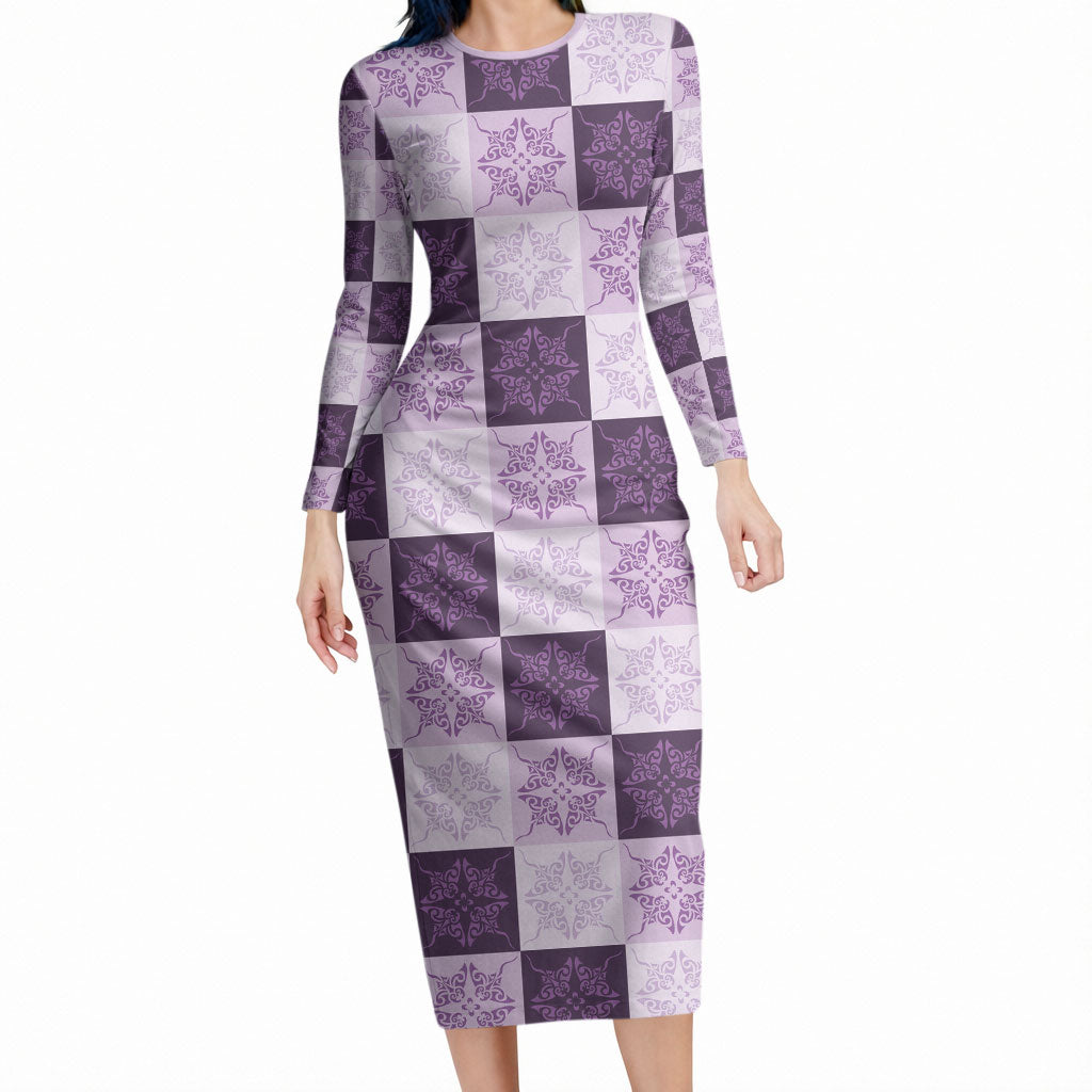 Lavender Manta Ray Hawaiian Quilt Motif Long Sleeve Bodycon Dress