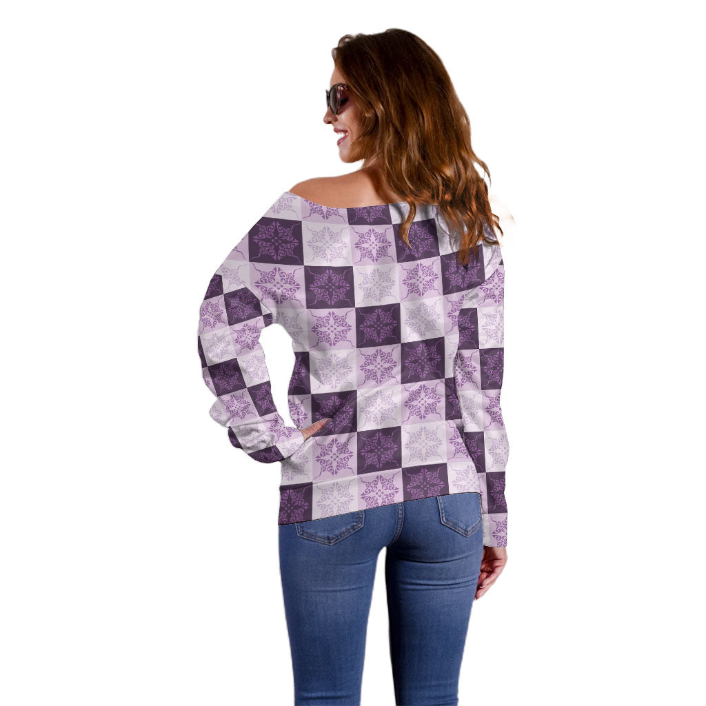 Lavender Manta Ray Hawaiian Quilt Motif Off Shoulder Sweater