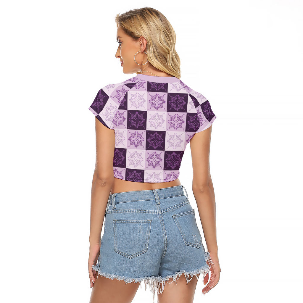 Lavender Manta Ray Hawaiian Quilt Motif Raglan Cropped T Shirt