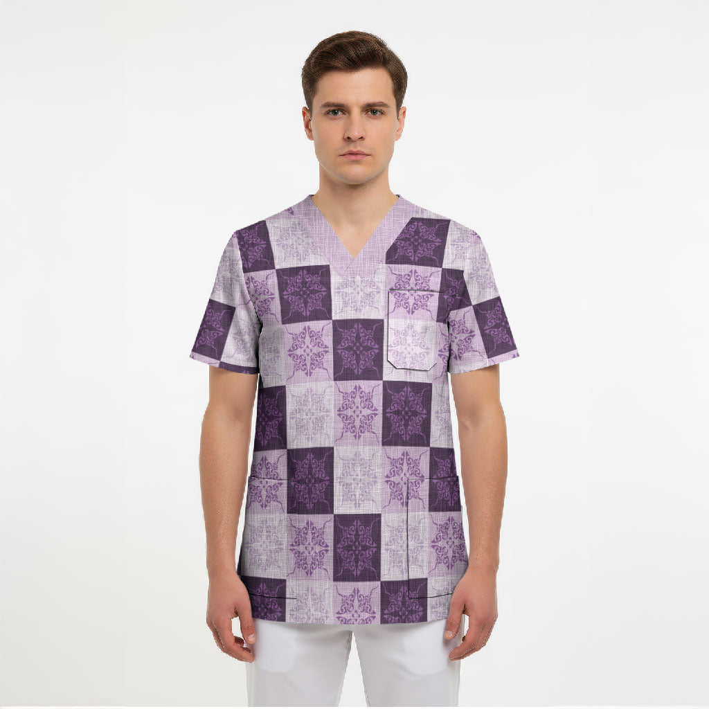 Lavender Manta Ray Hawaiian Quilt Motif Scrub Top