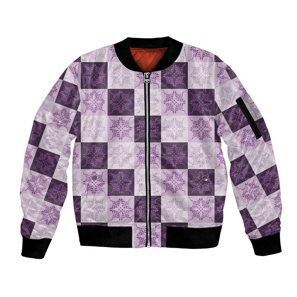 Lavender Manta Ray Hawaiian Quilt Motif Sleeve Zip Bomber Jacket
