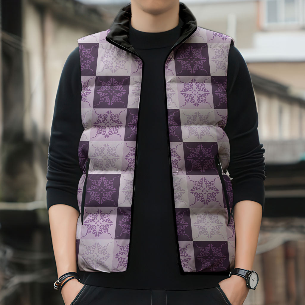 Lavender Manta Ray Hawaiian Quilt Motif Sleeveless Puffer Jacket