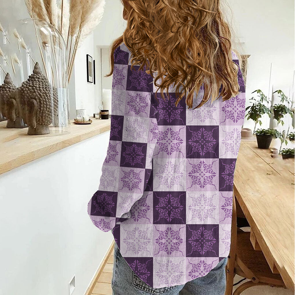 Lavender Manta Ray Hawaiian Quilt Motif Women Casual Shirt