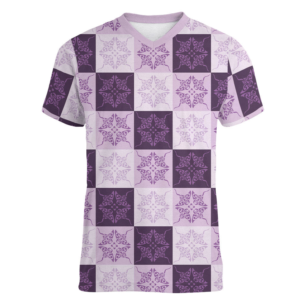 Lavender Manta Ray Hawaiian Quilt Motif Women V-Neck T-Shirt LT05 Female Purple - Polynesian Pride