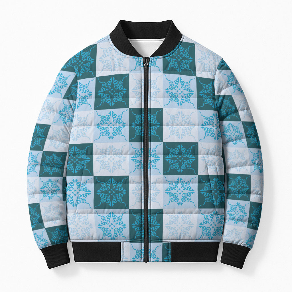 Cyan Manta Ray Hawaiian Quilt Motif Bomber Puffer Jacket LT05 Unisex Blue - Polynesian Pride