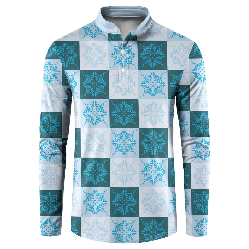 Cyan Manta Ray Hawaiian Quilt Motif Button Sweatshirt