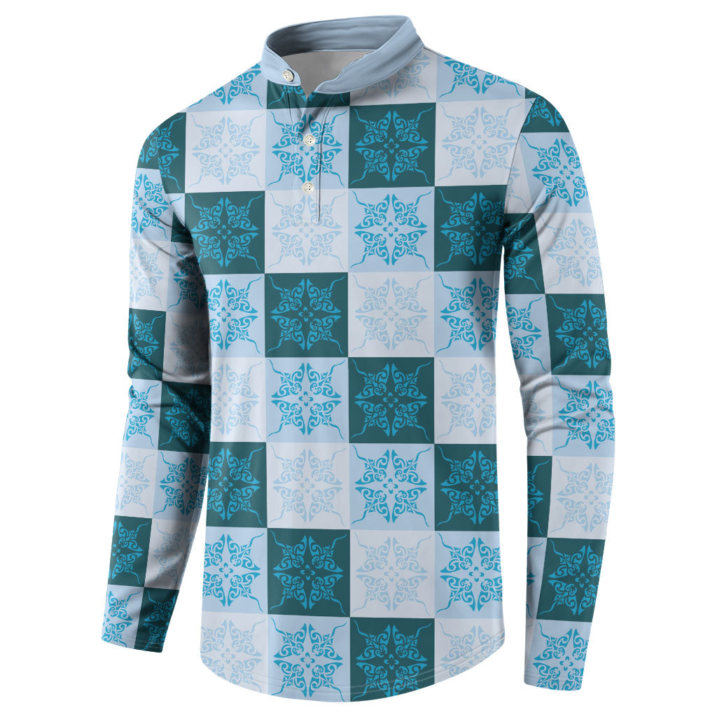 Cyan Manta Ray Hawaiian Quilt Motif Button Sweatshirt