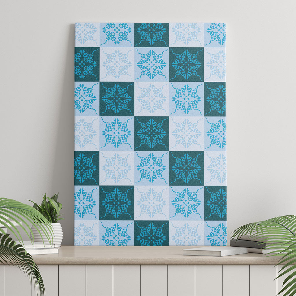 Cyan Manta Ray Hawaiian Quilt Motif Canvas Wall Art