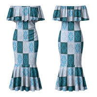 Cyan Manta Ray Hawaiian Quilt Motif Couples Matching Mermaid Dress and Long Sleeve Button Shirt