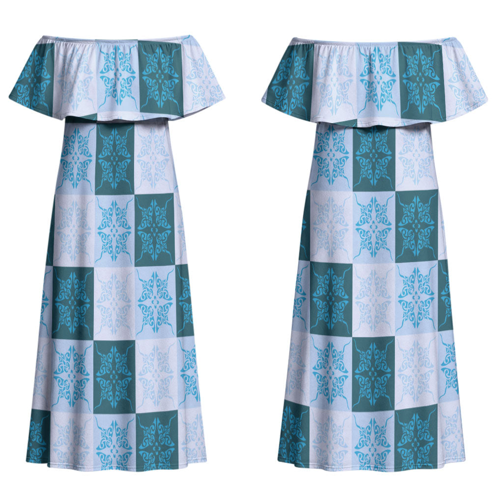 Cyan Manta Ray Hawaiian Quilt Motif Couples Matching Off Shoulder Maxi Dress and Long Sleeve Button Shirt