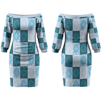 Cyan Manta Ray Hawaiian Quilt Motif Couples Matching Off The Shoulder Long Sleeve Dress and Hawaiian Shirt