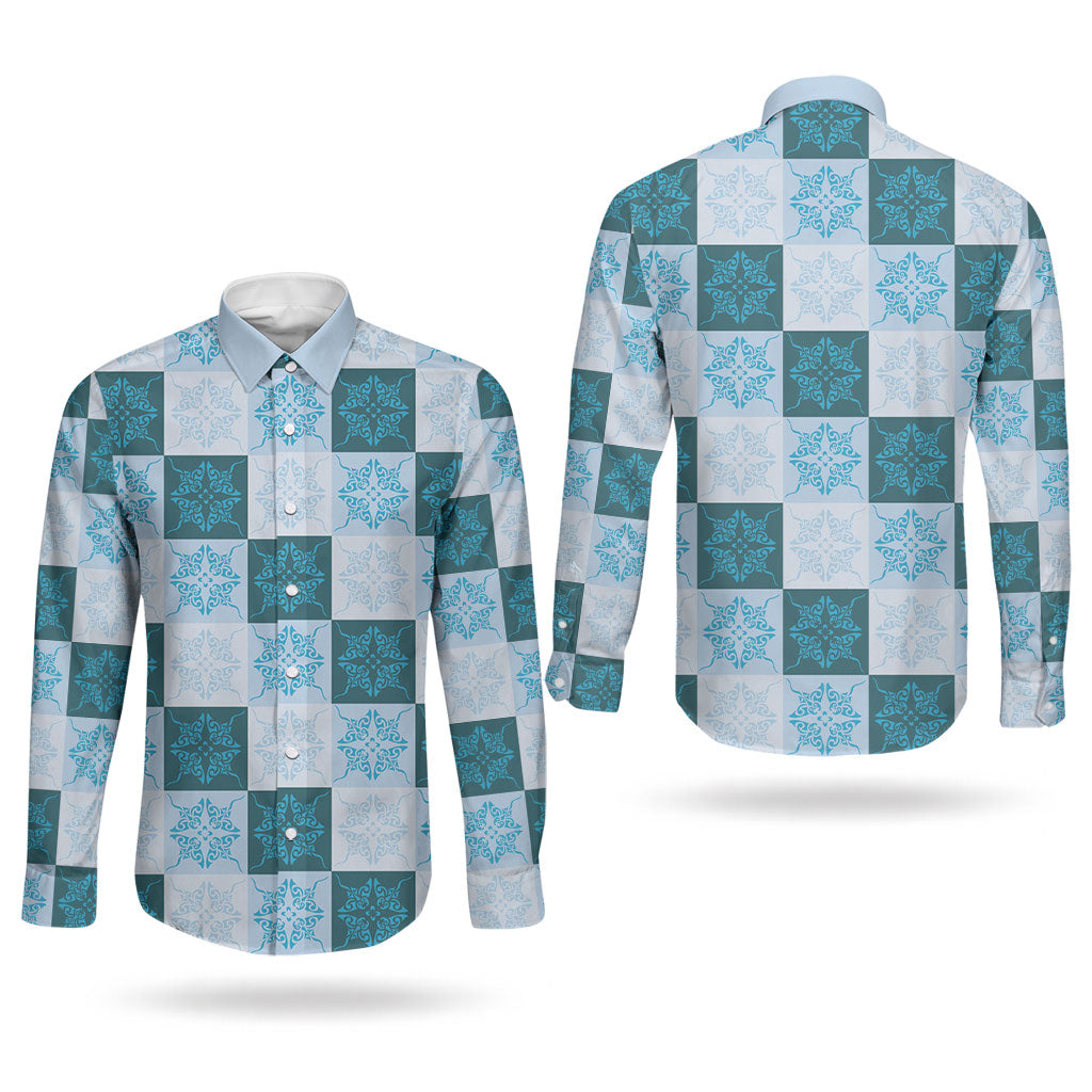 Cyan Manta Ray Hawaiian Quilt Motif Couples Matching Off The Shoulder Long Sleeve Dress and Long Sleeve Button Shirt