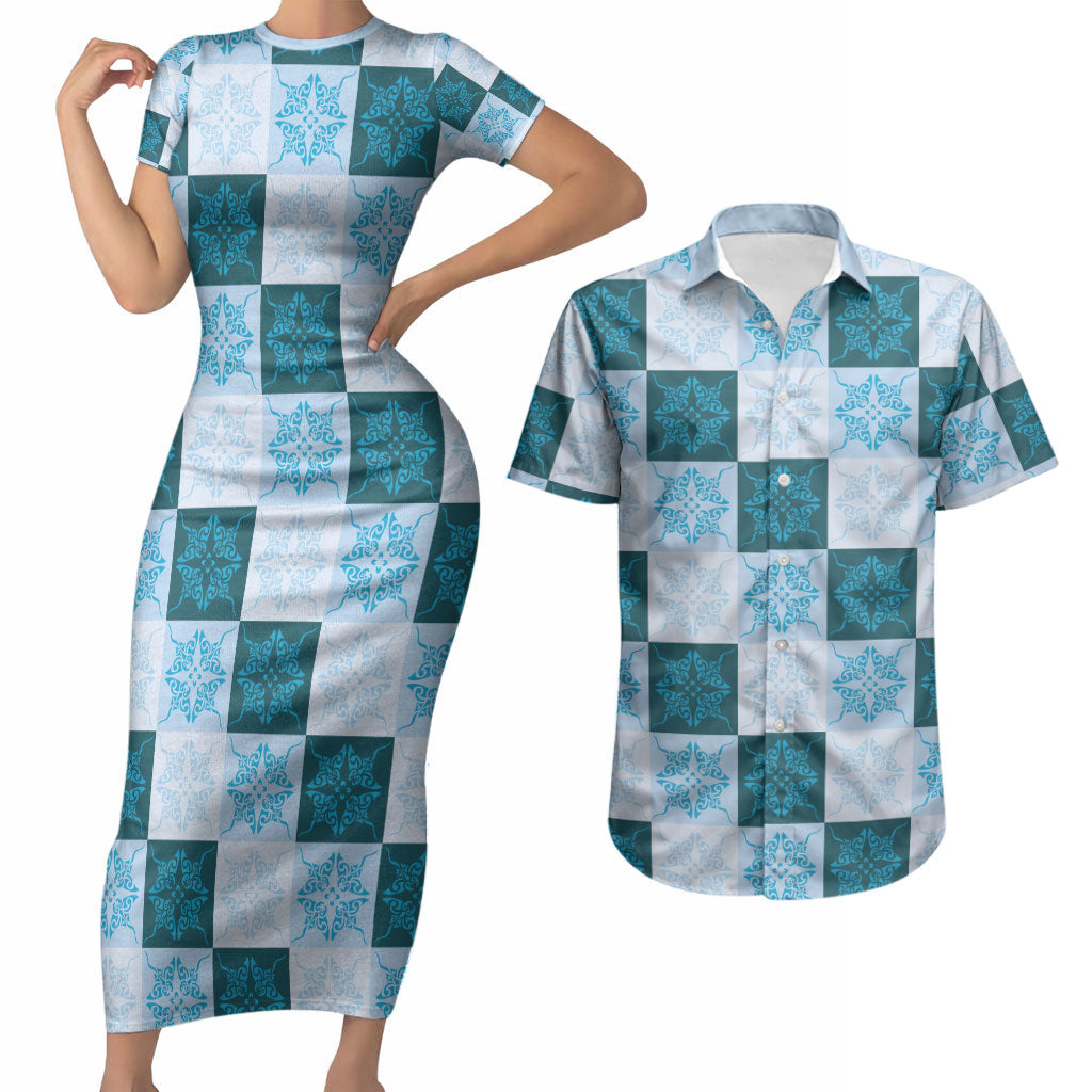 Cyan Manta Ray Hawaiian Quilt Motif Couples Matching Short Sleeve Bodycon Dress and Hawaiian Shirt