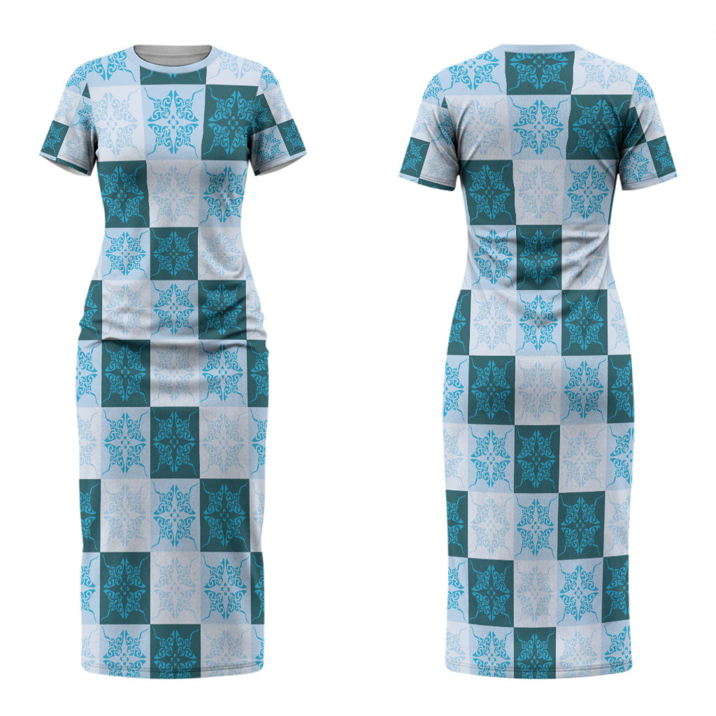 Cyan Manta Ray Hawaiian Quilt Motif Couples Matching Short Sleeve Bodycon Dress and Hawaiian Shirt