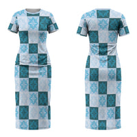 Cyan Manta Ray Hawaiian Quilt Motif Couples Matching Short Sleeve Bodycon Dress and Long Sleeve Button Shirt