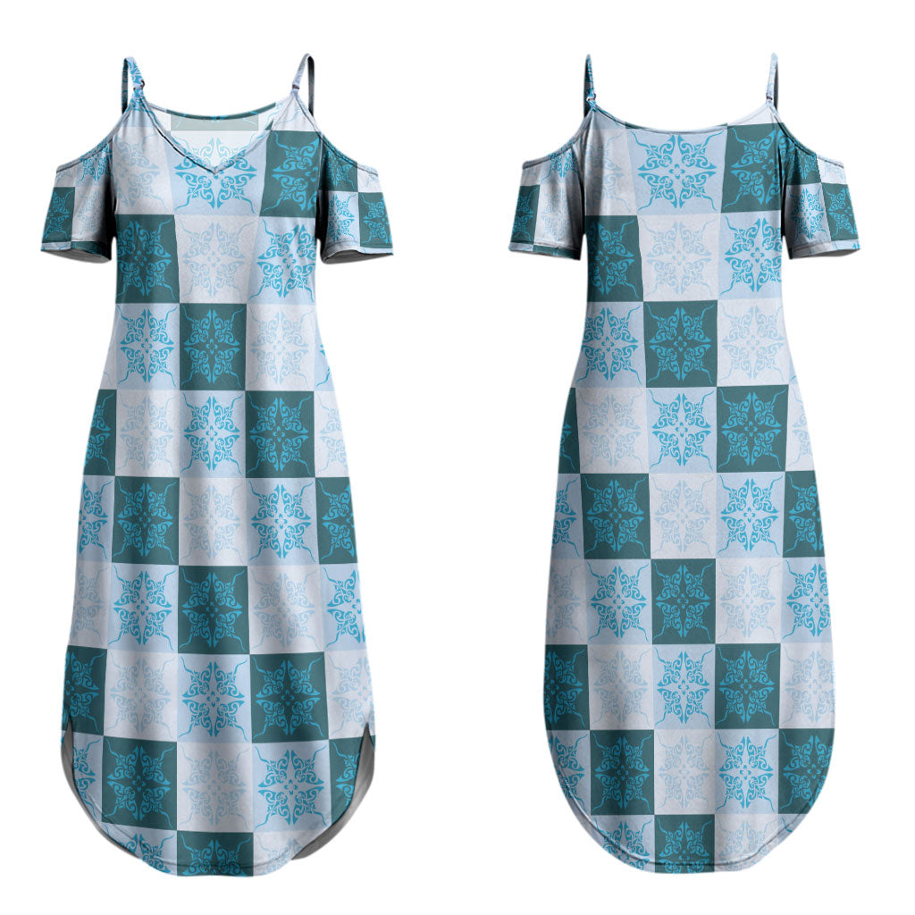 Cyan Manta Ray Hawaiian Quilt Motif Couples Matching Summer Maxi Dress and Hawaiian Shirt