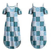 Cyan Manta Ray Hawaiian Quilt Motif Couples Matching Summer Maxi Dress and Long Sleeve Button Shirt